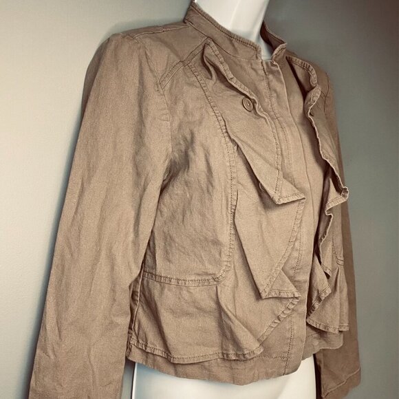 Ann Taylor LOFT Linen Crop Ruffle Full Zip Lightweight Tan Jacket Women's Size S - Picture 3 of 7